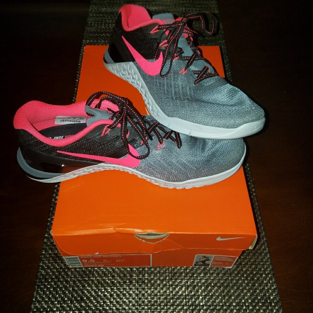 Black,  grey,  & hot pink NIKE Metcon 3s